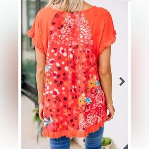 Umgee Vibrant Orange Printed Back Ragged Hem‎ & Sleeves Blouse. Size Small.